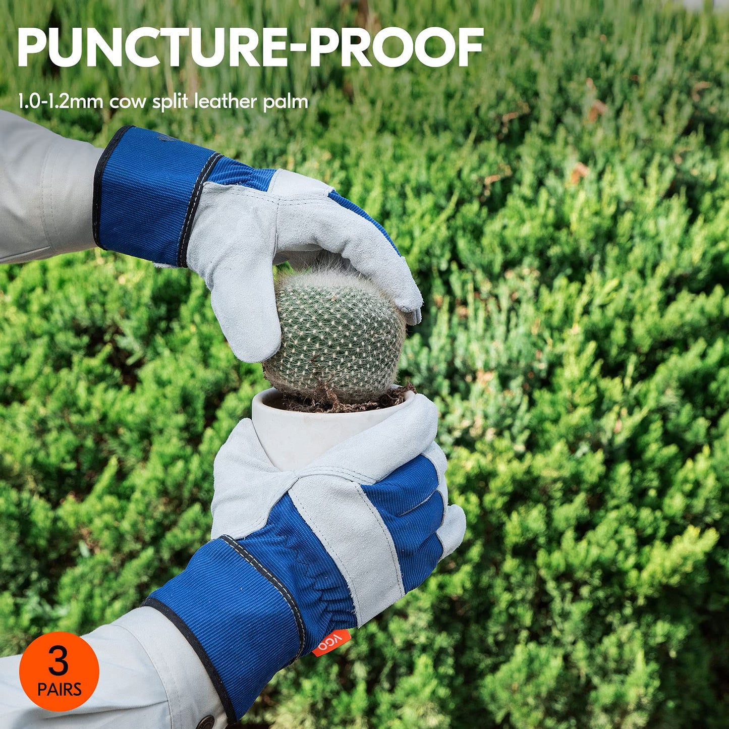Vgo... 3Pairs Gardening Gloves Cowhide, Work Gloves Thornproof Utility for Yard Trucker Delivery Garden with Strong Grip