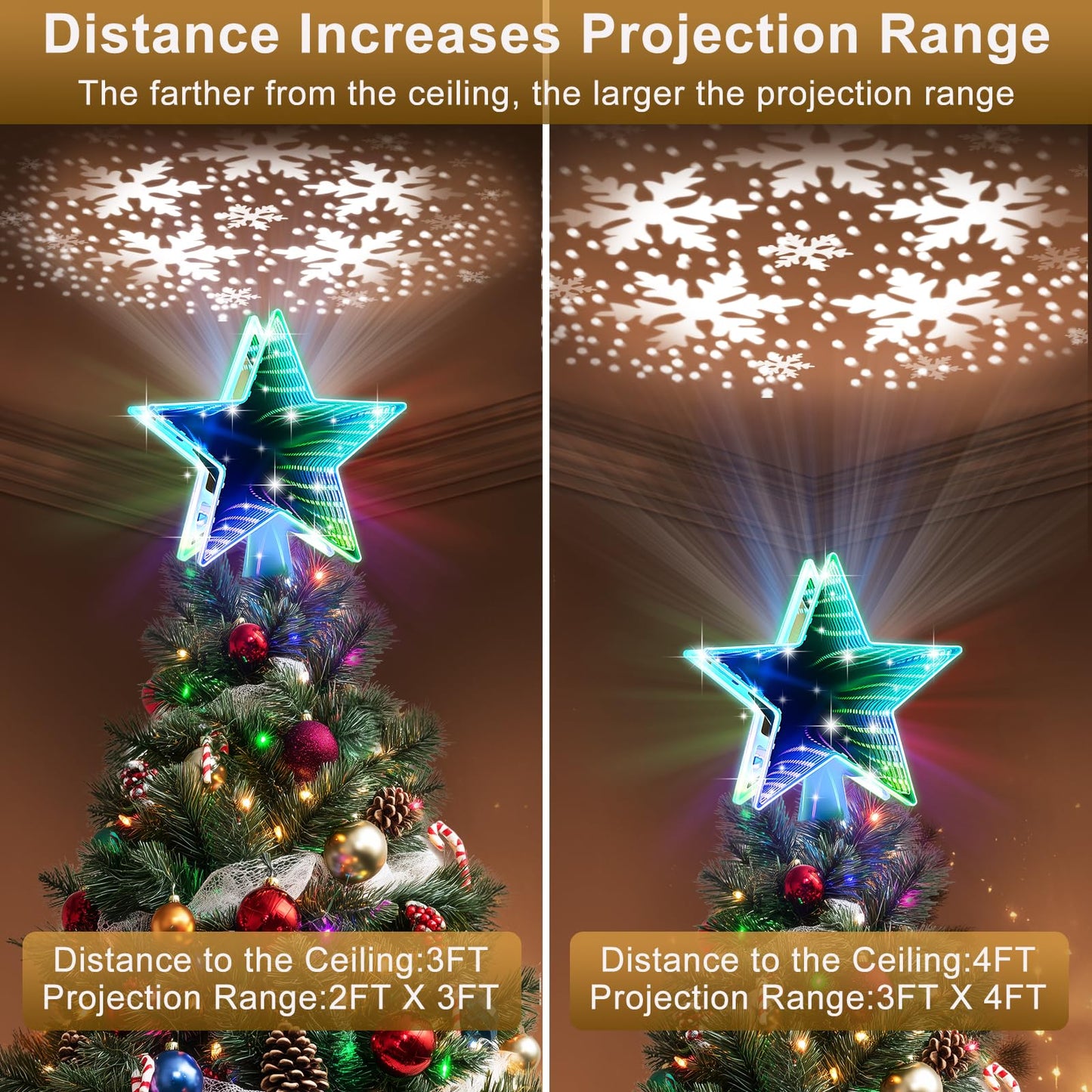 Patiobay Christmas Tree Topper Star, Double Sided Tunnel Mirror 10 Inch 12 Lighting Modes, Built-in 6 Projected Patterns, 3D Glitter LED Rotating Lights for Party Holiday Xmas Decorations Gifts