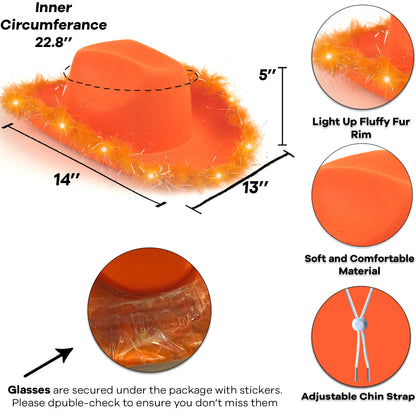 Funcredible Orange Cowboy Hat and Glasses - Light Up Cowgirl Hat for Girls - Cowboy Hats with Feathers - Halloween Hats for Women