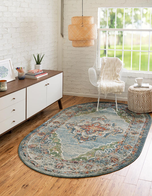 Unique Loom Isabella Collection Area Rug - Rossellini (4' 1" x 6' 1" Oval, Blue/ Beige)