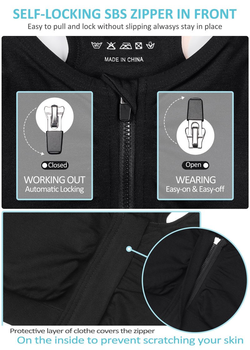 Racerack Women's Zip Front Sports Bra - Wireless, Padded, Post-Surgical Bra with Front Closure - 3 Pack (XX-Large, Black+Flesh+Light Blue)