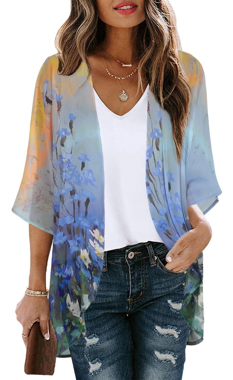 Womens Casual Tops Bathing Suit Cover Up Summer Kimono Cardigan Hawaiian Shirts (Sunset and Flowers, XXL)