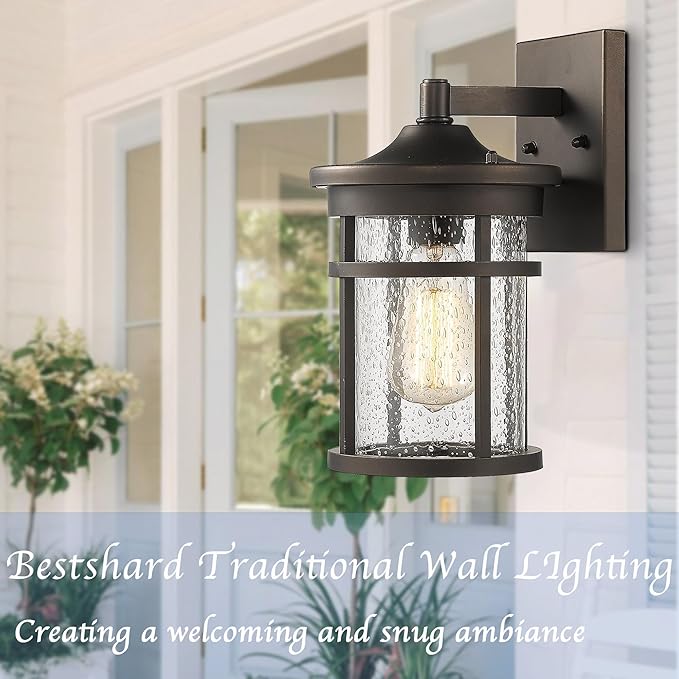 Bestshared Outdoor Wall Light, Exterior Porch Mount Light Fixture, Outdoor Wall Sconce, Front Door Lantern Lamp with Seeded Glass Shade(Oil Rubbed Bronze, 11.3" Height)