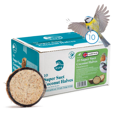 Coconut Bird Feeder Halves, Wild Bird Food for Small Birds with Suet, Dried Mealworms, Seeds, and Cereals, High Energy Food, Filled in the UK, Suitable for Year-Round Feeding - RSPB x 10 (320g)