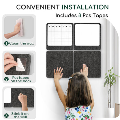 DOLLAR BOSS Felt Bulletin Board & Magnetic Whiteboard Calendar Combo 4 Pcs 12" X 12" Cork Board Dry Erase Board for Wall Frameless Combination Board with Pins Wall Decor for Home School Office