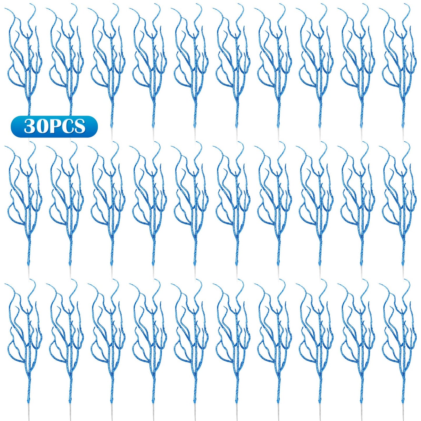 Jutom 30 Pcs Glitter Christmas Tree Pick 13.7 x 2.7 Inch Curly Tall Tree Filler Branches Sprigs and Twigs Decorations for Christmas Vase Xmas Gift Wedding Decoration(Blue)
