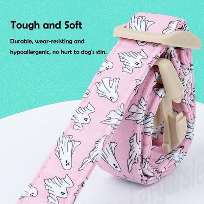 Faygarsle Pink Ghost Pattern Dog Collar with Charm, Halloween Pet Necklace, Adjustable Collar for Small Medium Large Dogs M