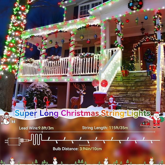 Heceltt Christmas Lights Outdoor, 125FT 350 LED String Lights 8 Modes and Timer Memory Function Twinkle Fairy Lights Waterproof Plug in for Xmas Tree Wedding Party Holiday Decor(Red Green and White)