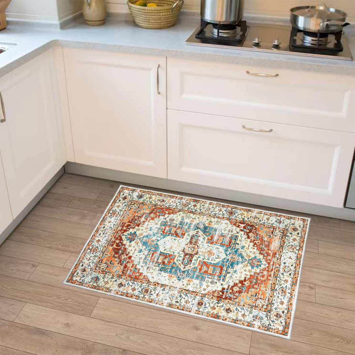 Garvee 4x6 Ft Soft Washable Vintage Area Rug, Boho Vintage Floral Medallion Carpet, Non-Slip, Mark Resistant, Collapsible, Durable Polyester Carpet, for Living Room, Bedroom, Red