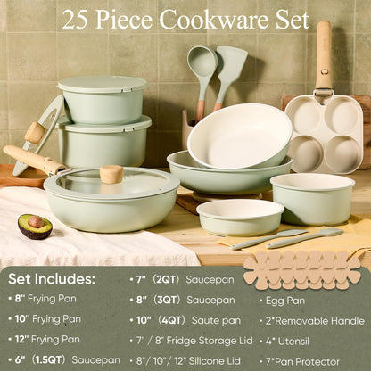 CAROTE 25pcs Pots and Pans Set Non Stick, Cookware Sets, Kitchen Set, Oven/Dishwasher/Fridge Safe, Space Saving Pots Set, Nonstick Set with Versatile Detachable Handle, Induction RV Set, Green