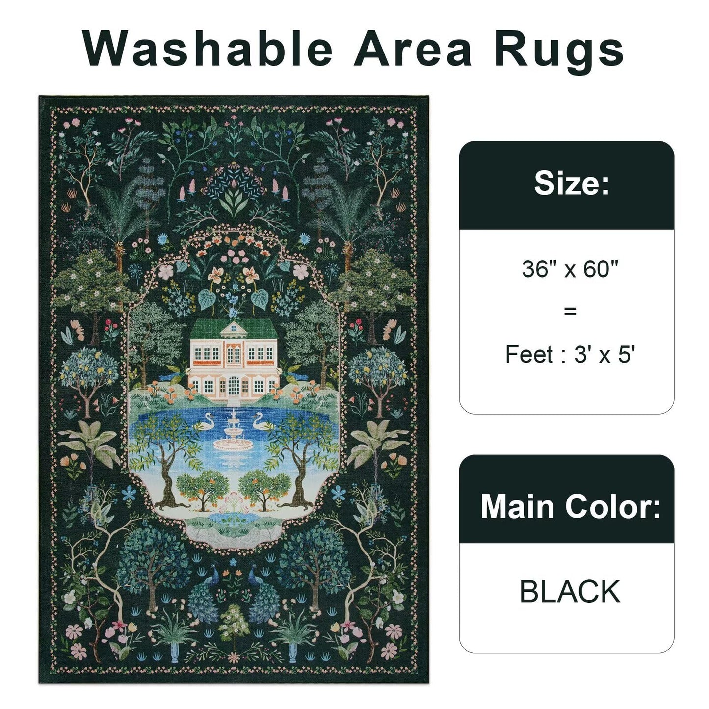 Vasofe 3x5 Bedroom Rug,Washable Rugs for Entryway, Living Room, Indoor Floor Mat, Modern Animal Peacock Floral Mats for Nursery, Farmhouse, Laundry Room, Non Slip Low Pile Soft Carpet, Black Green