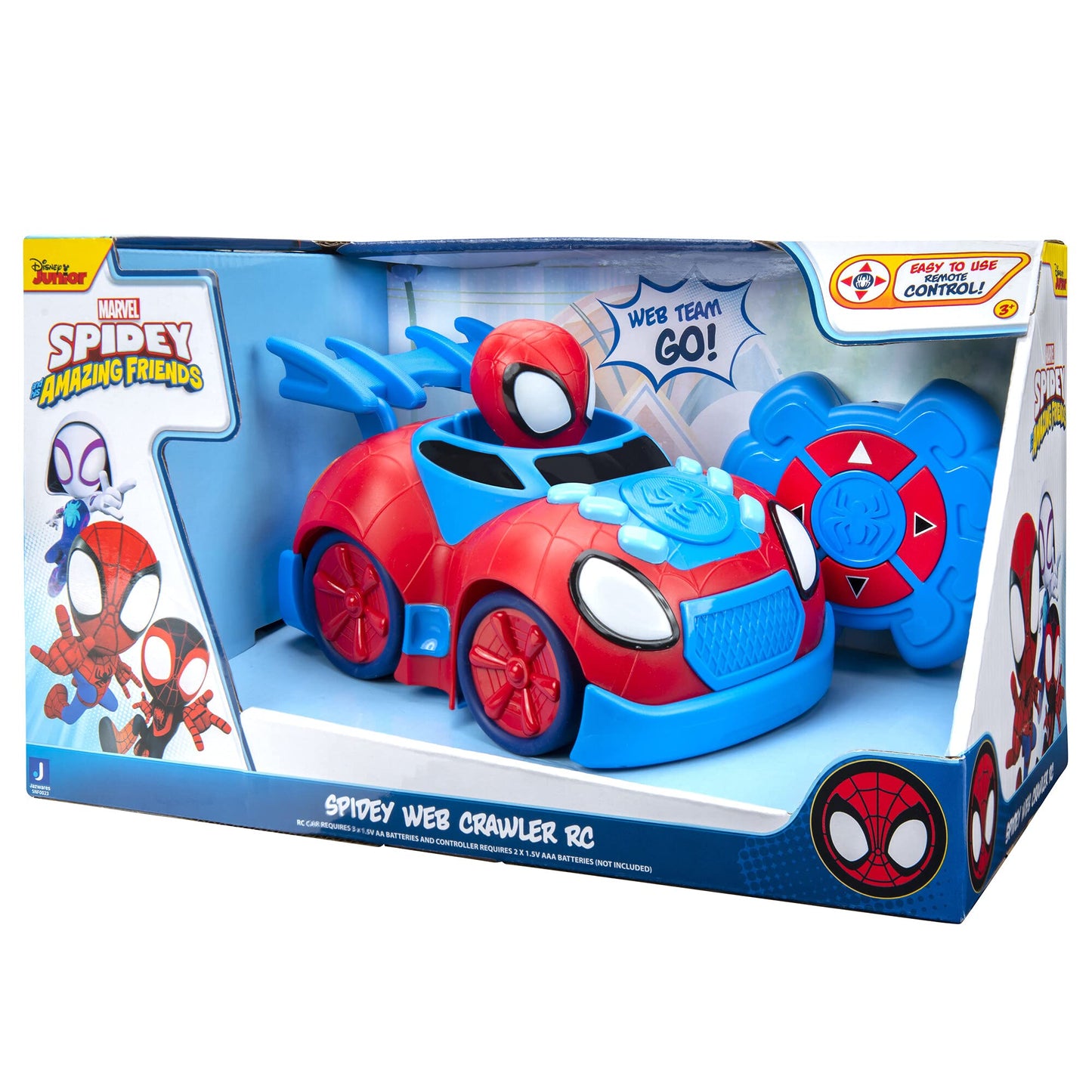 Jazwares Marvel Spidey and His Amazing Friends Web Crawler RC - Remote-Controlled Vehicle - Features Built-in Super Hero with 4 Controller Functions, Blue & Red