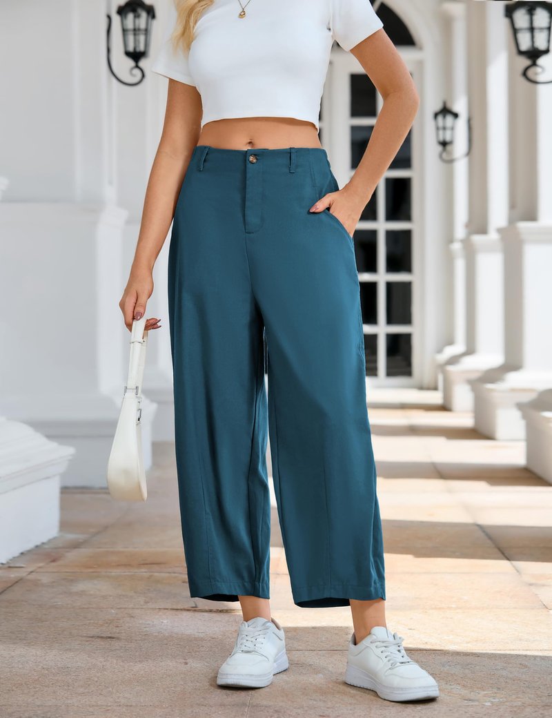 Tanming Womens Linen Pants Casual Capri Baggy Wide Leg Trousers Palazzo Pants Beach Vacation Outfits (Blue-S)