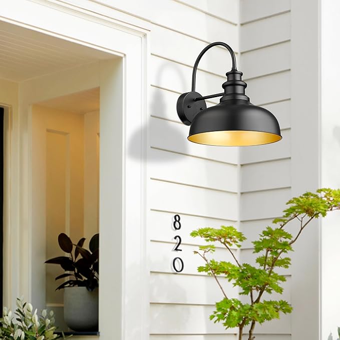 Bestshared 14 Inch Dome Gooseneck Barn Light, Farmhouse Wall Mount Light Fixture, Exterior Lighting Fixture Outdoor Sconce for Porch,Garage,Patio (Black+ Gold, 14” Dome-1Pack)