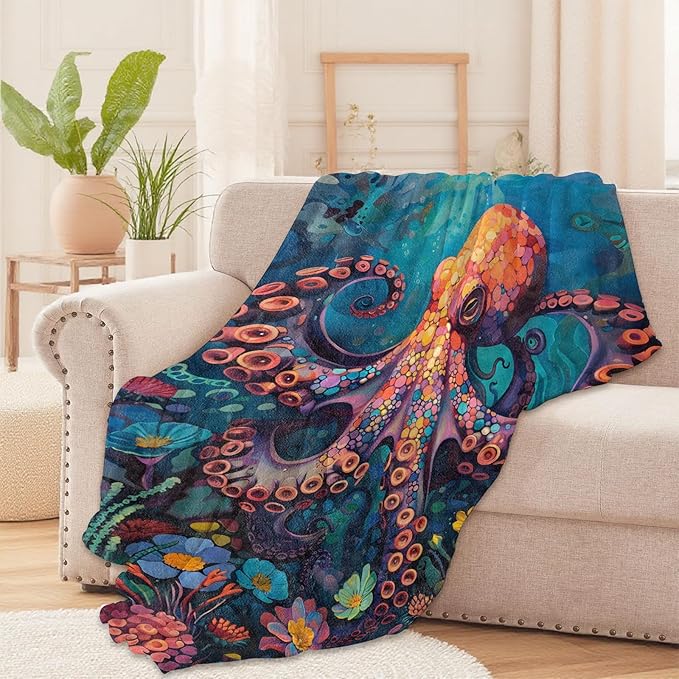 Underwater Octopus Throw Blanket for Boys Girls Kids Adults Women, Fuzzy Warm Soft Cozy Flannel Blankets Gifts for Bedroom, Couch, Travel, Home Decor 50x60 in