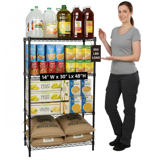 Displays By Jack 4 Tier Wire Shelving Unit Storage Rack, Metal Heavy Duty Utility Organization Units for Products Plant Standing Shelf, Pantry, Garage, Shelf Stand, Black, 14" W x 30" L X 48" H