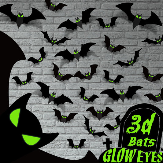 Halloween Decorations - 56 Pcs Spooky 3D Bats With Glow Eyes for Indoor Outdoor Party Decor - Plastic Scary Gothic Stickers for Bathroom Kitchen Home Room Wall