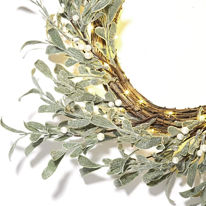 LampLust Winter Wreaths for Front Door Outside, 20 Inch Flocked Wreath with Mistletoe & Pearly White Berries, 75 LED Lights, Battery Powered, Timer, Farmhouse Wreath, Winter Wreaths for Indoors