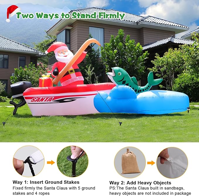 FunFanso 11FT Christmas Inflatable Santa Claus Fishing on The Boat, Blow up Outdoor Decorations with Built-in Bright LED Lights, Vibrant Xmas Festival Decor for Lawn Yard Garden Holiday Party Porch
