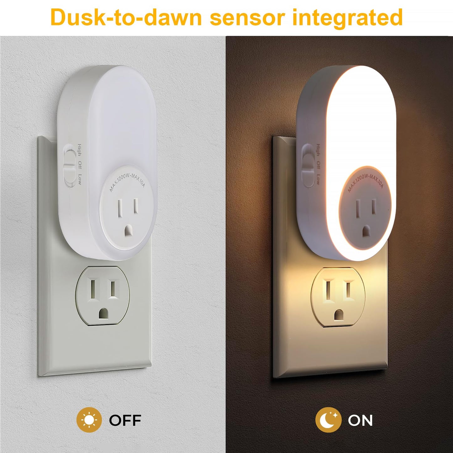 Dawnrise Night Lights Plug Into Wall, Dusk to Dawn Sensor Night Light with Power Outlet, CCT 2200K or 4000K, 5Lm or 20Lm Adjustable Brightness for Bedroom, Kitchen, Living Room, Office, 2PK