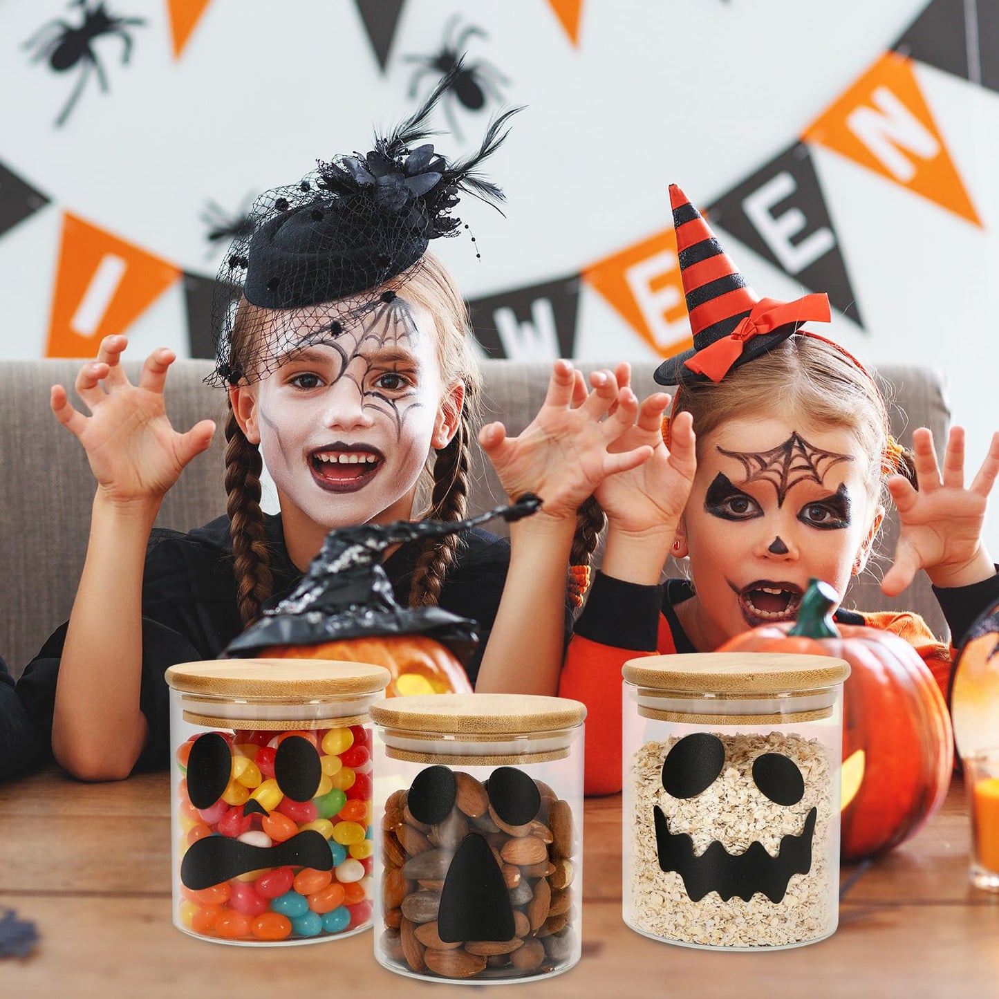 JarThenaAMCS 3Pcs Halloween Glass Storage Jars with Airtight Bamboo Lid Ghost Decorative Clear Food Storage Canisters Sets for Home Kitchen Countertop Decoration