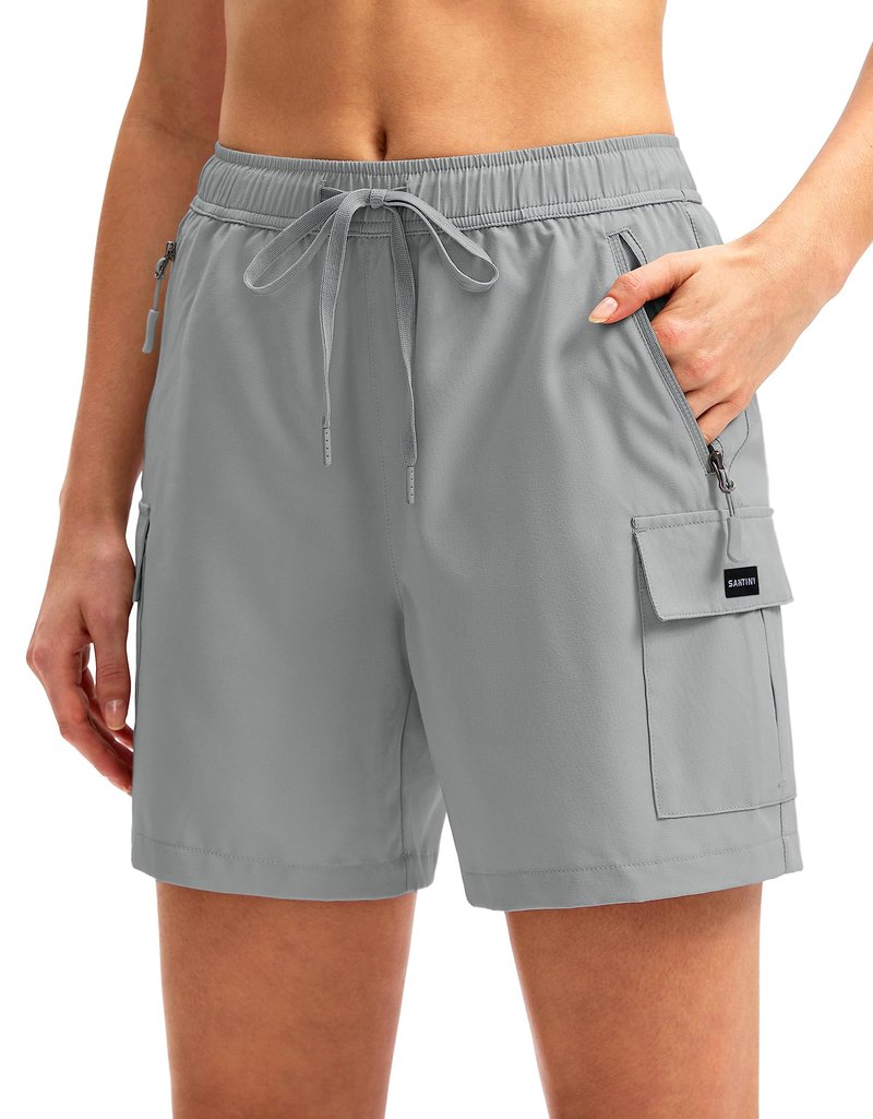SANTINY Women's 5''/ 7''/9'' Hiking Cargo Shorts Quick Dry Lightweight Summer Shorts for Women Athletic Golf Zipper Pockets(Light Grey_M)