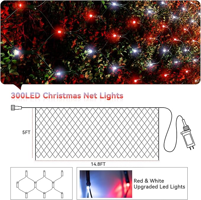 LitHome 14.8FT x 5FT Christmas Net Lights Outdoor, 300 LED Red White Bush Lights with 8 Modes, Connectable Waterproof Net Mesh Light Dark Green Wire for Bushes Shrubs Outdoor Christmas Holiday Decor