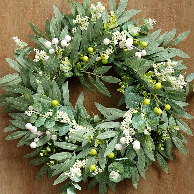 Door Wreath Green Eucalyptus for Front Door Wreaths Spring Summer Olive Wreath Artificial Leaves Mixed Berry Wreaths for All Season Home Farmhouse Porch Year Round Outdoor Wall Decorating,18-20 Inch