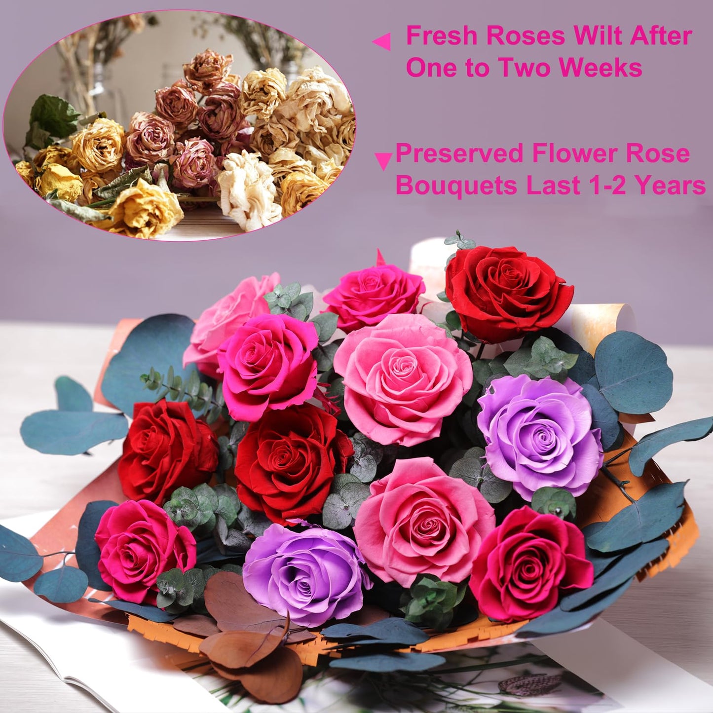 lovenfold Flowers for Delivery,Preserved Flowers Bouquets,Purple Rose Bouquets That Last 1-3 Years,Birthday Flowers Gifts for Women Mom Grandma Wife Friends