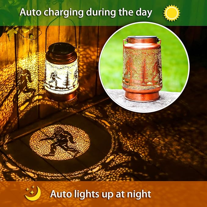 2 Pack Bigfoot Outdoor Solar Hanging Lanterns Waterproof LED Solar Lights Metal Decorative Lanterns for Garden, Patio, Courtyard, Backyard, Yard Decor Unique Bigfoot Gifts for Women Gardening