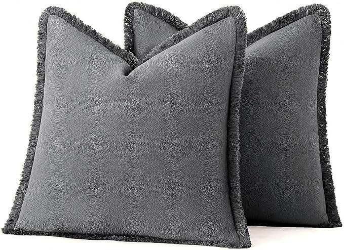 MIULEE Decorative Throw Pillow Covers Neutral Linen Fringe Throw Pillows Euro Shams Set of 2 Dark Grey Boho Farmhouse Cushion Covers for Couch Sofa Bed Living Room Spring Home Decor 24x24 Inch