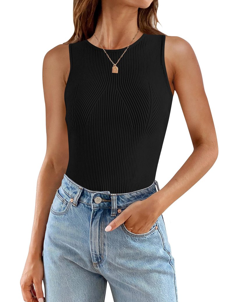 ZESICA Womens 2025 Ribbed Tank Tops Summer Sleeveless High Neck Casual Slim Fitted Basic Knit Shirts,Black,Medium