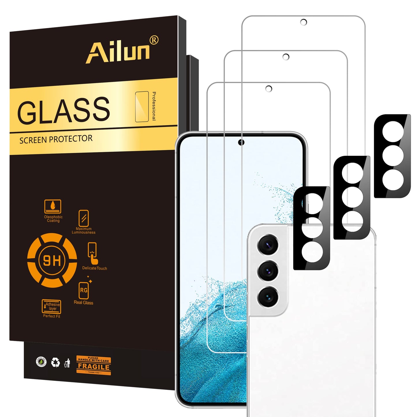Ailun Screen Protector for Galaxy S22+/S22 Plus 5G 6.6 Inch Display 3Pack + 3Pack Camera Lens Tempered Glass Fingerprint Unlock 0.25mm Clear Anti-Scratch Case Friendly [Not For S22 Ultra]