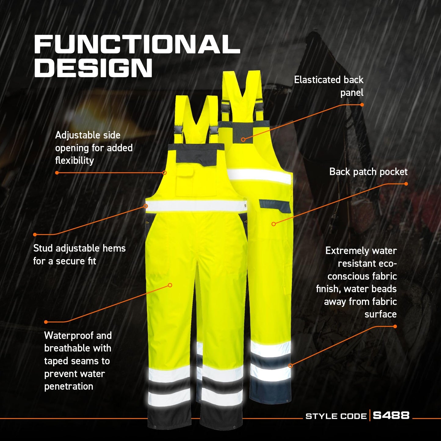Portwest S488 Men's Hi Vis Bib and Brace Work Overalls Breathable Contrast Rain Dungarees - Waterproof Windproof Reflective Tape Adjustable Fit Multi Utility Pockets, Orange/Navy, L