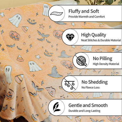 Halloween Blanket Glow in The Dark Spider Webs Pumpkin Ghost Bat Halloween Decorations Ultra Plush Soft Throw Blanket for Kids to Party Gifts Sofa Bed Living Room 50"X60"