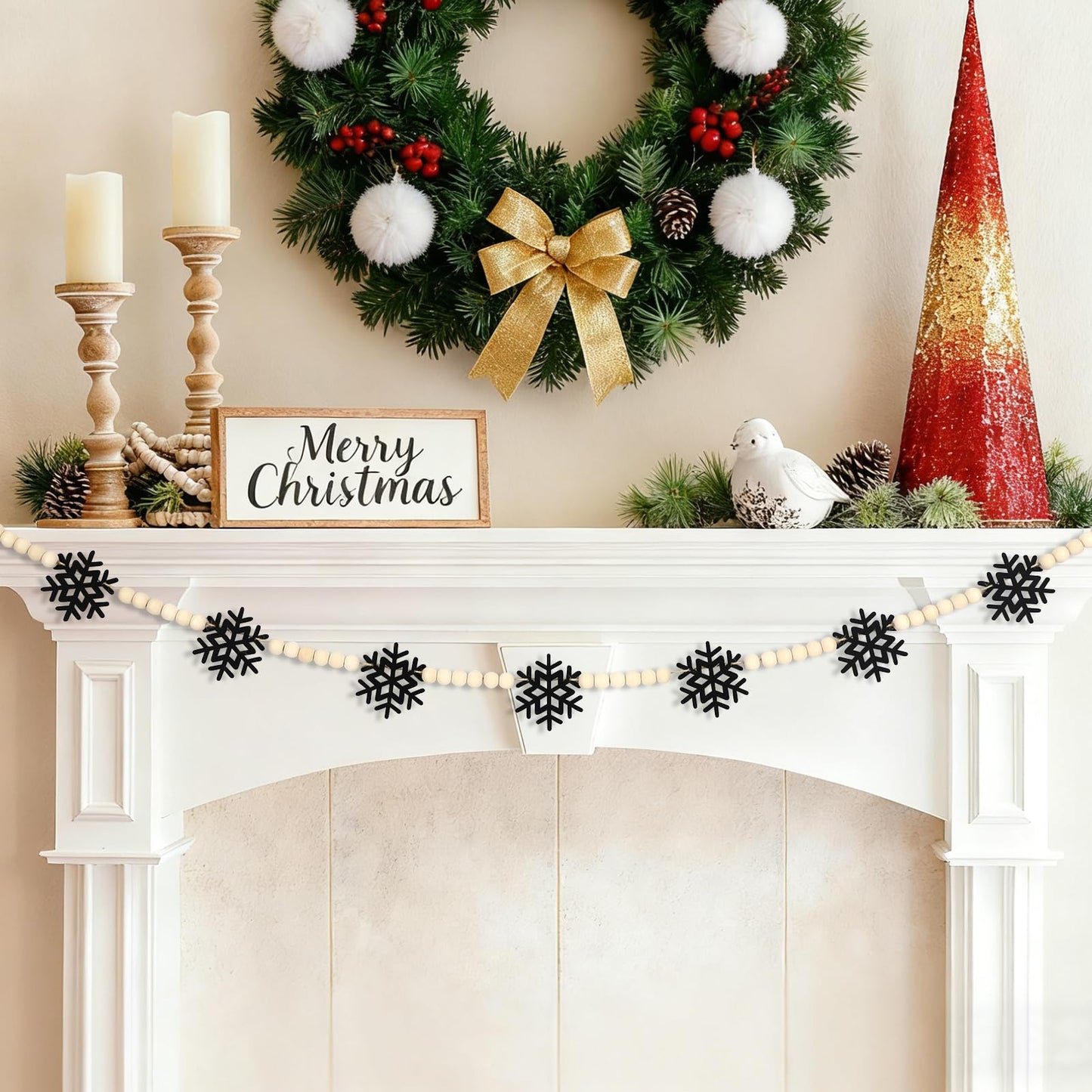 DAZONGE Christmas Decorations, Felt Snowflake Garland and Wood Beads for Farmhouse Christmas Banner Decor, Wall, Shelf, and Holiday Decorations