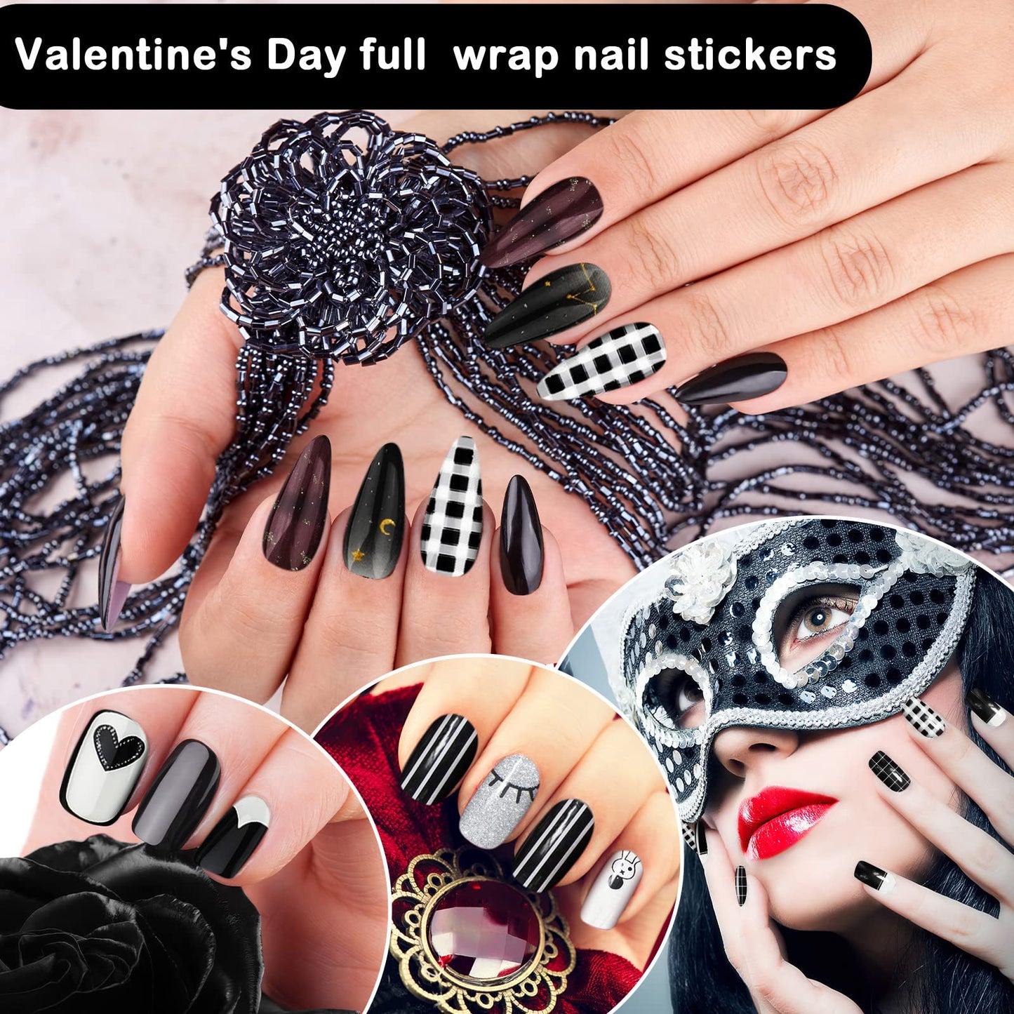 140 Pcs 10 Sheets Black Full Wrap Nail Stickers Polish Strips Gradient Stickers Glitter Self Adhesive DIY Art Decals Strips with 2 Pcs Nail Files for Halloween Decor (Retro Style)