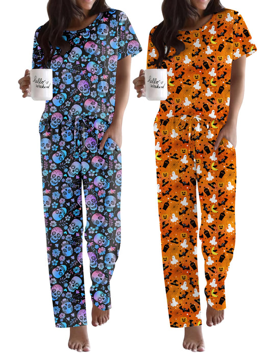 Ekouaer 2 Pack Pajamas for Women Set Short Sleeve Sleepwear Top and Pants Pjs Soft Printed Lounge Sets with Pockets Skull/Halloween Large
