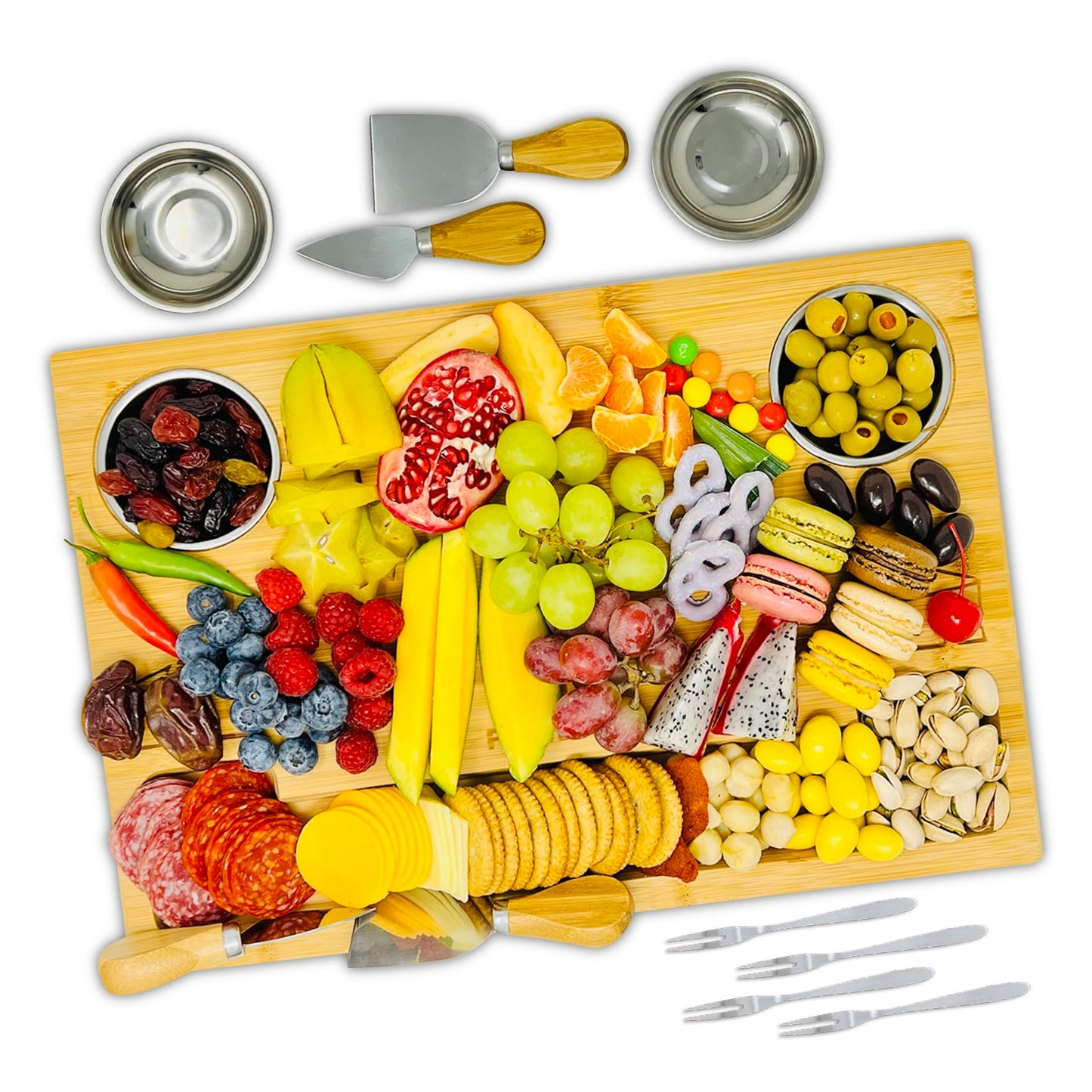 Bamboo Cheese Board with Knives & Bowls - Extra Large Wooden Cutting Board Platter for Wine & Charcuterie