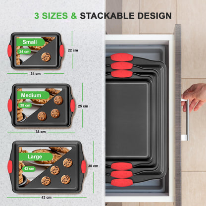 NutriChef 3-Piece Nonstick Kitchen Oven Baking Pans - Premium & Stylish Non-Stick Steel, Commercial Grade Restaurant Quality Metal Bakeware with Red Silicone Handles - Easy to Clean
