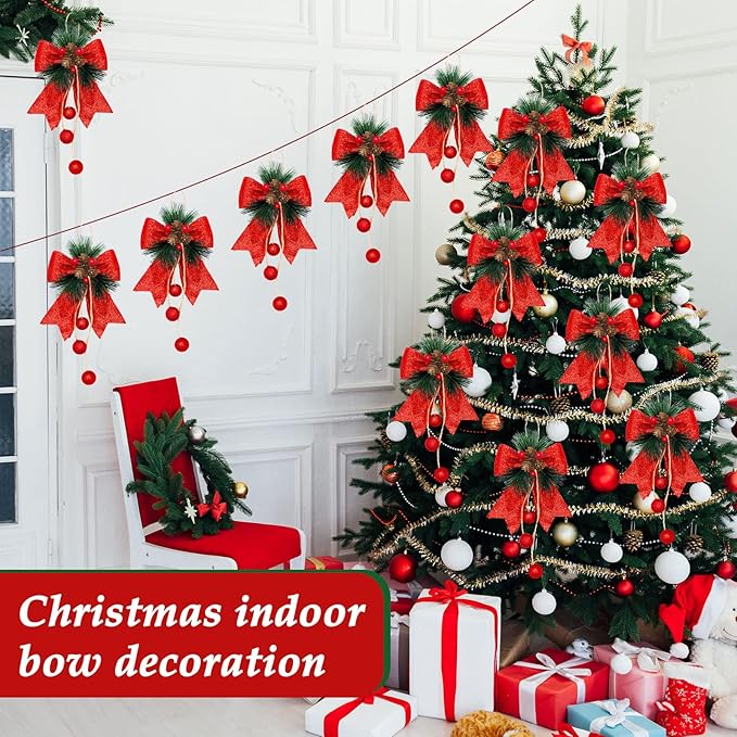Xinnun 4 Pieces Christmas Buffalo Plaid Bows with Pine Cones Pine Needles Xmas Plaid Bow Ornament Christmas Tree Wreath Decoration for Holiday Parties DIY Crafts Home Decor (Red)