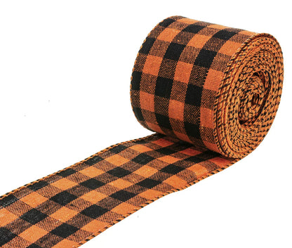 ATRBB Orange and Black Buffalo Plaid Ribbon Wired Edge Gingham Ribbon for Halloween Decoration and Bows Craft,10 Yards by 2.48 Inches (Style 5)