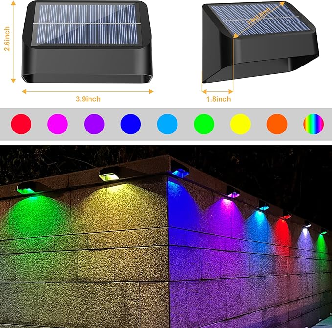 Solar Lights Outdoor, RGB 8 Colors, Dusk to Dawn Deck Light, Solar Deck Lights for Outside IP65 Waterproof, Backyard/Railing/Wall/Step/Patio/Fence(8 Pack,Black)