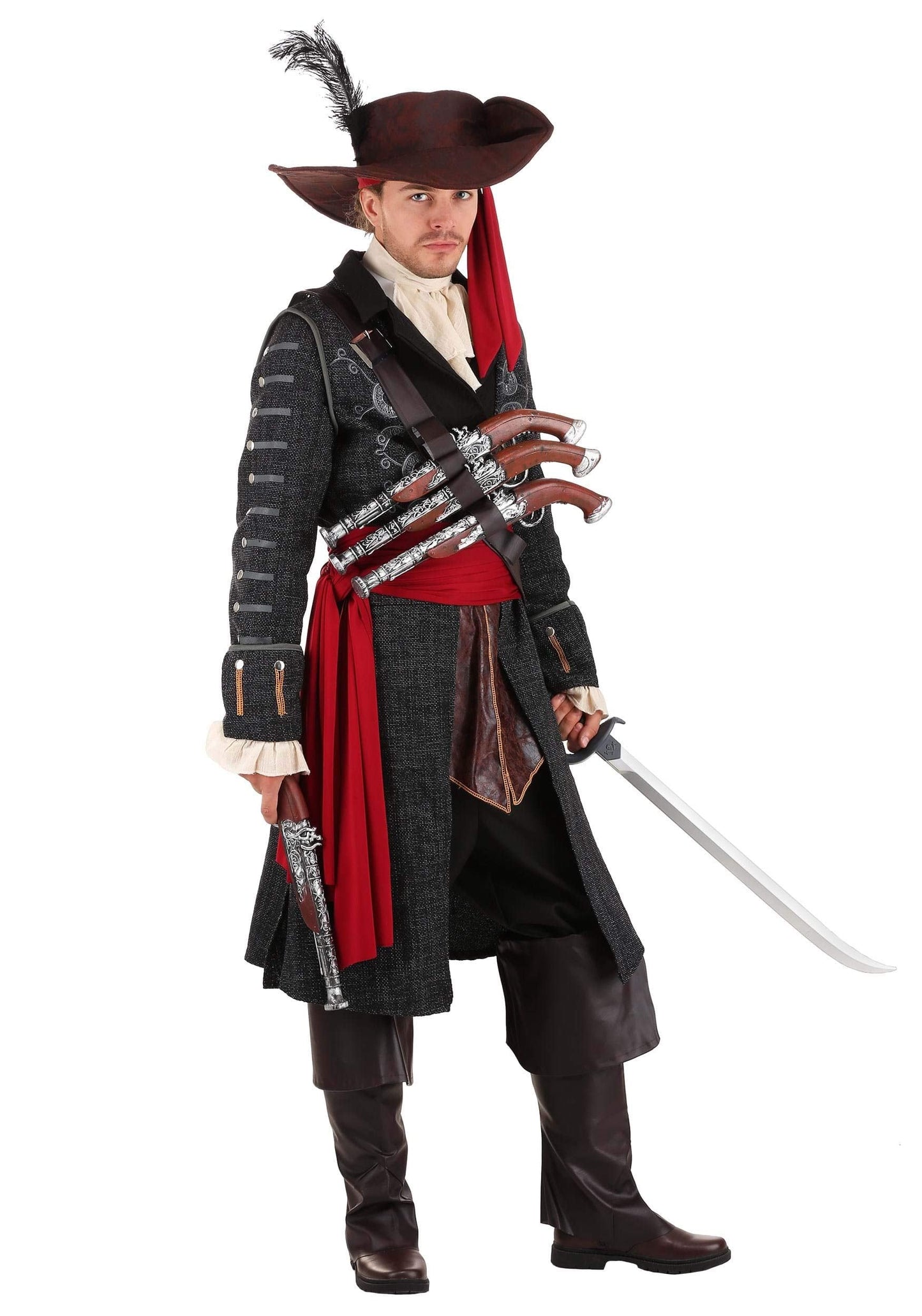 Adult Blackbeard Pirate Costume Mens, Black High Seas Swashbuckler Captain Halloween Outfit