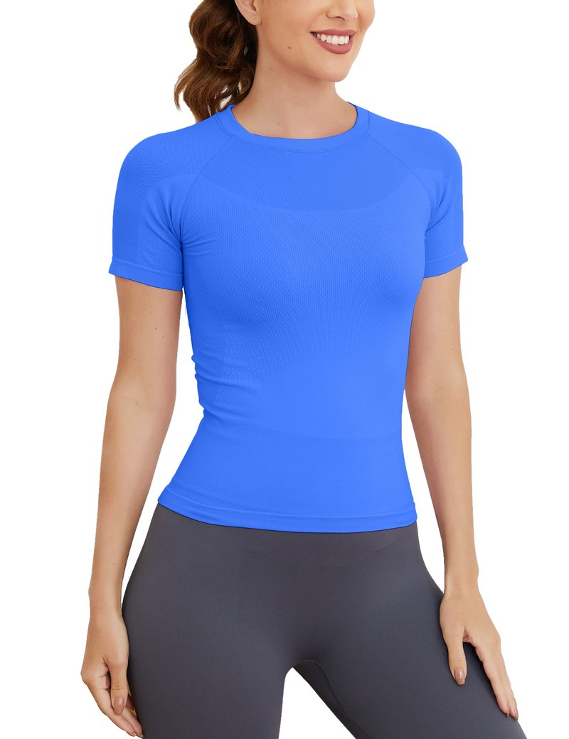 MathCat Short Sleeve Workout Tops for Women, Seamless Women's Compression Shirt, Yoga Running Athletic Shirts Soft Gym Tops Lakeblue