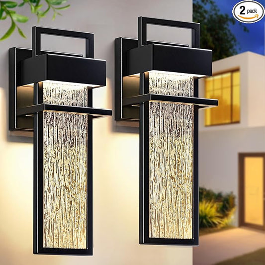 15'' Outdoor Wall Lights 2 Packs, Modern Porch Light 3000K Integrated LED Outdoor Sconce, Exterior Lighting Fixtures with Rippled Glass, Waterproof Outside Lights for House Garage Patio, Black