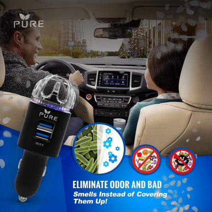 Car Air Purifier Premium Air Ionizer & Car Charger Accessory w Dual USB Ports Quick Charge 3.0 Eliminate Allergens Bad Odor Pet Smell Smoke Pollen Mold Bacteria Viruses PM2.5 & VOCs Deodorizer