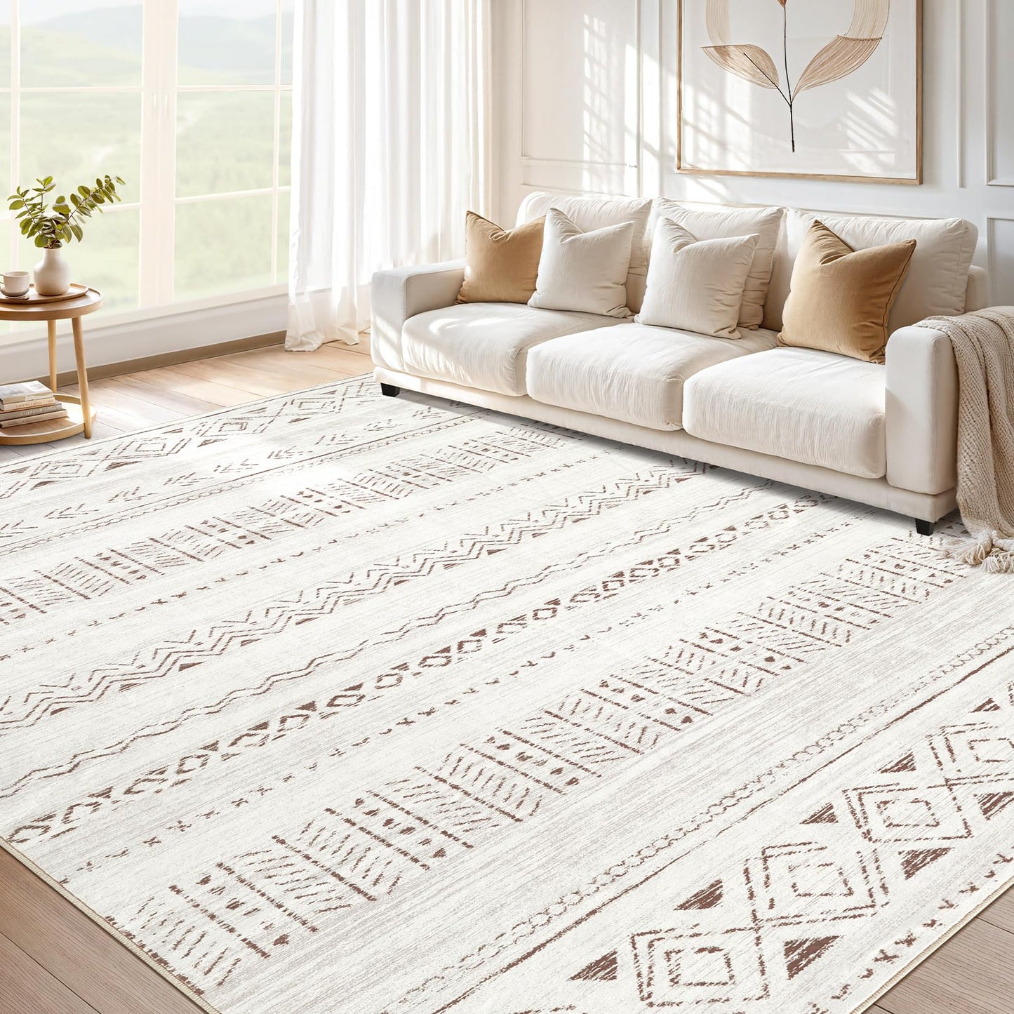 cotiled 5x7 Area Rugs Living Room Rug: Washable Boho Rugs with Non Slip Backing Large Soft Indoor Stain Resistant Carpet for Bedroom Farmhouse Dining Room Lightweight Home Decor L Brown/Cream