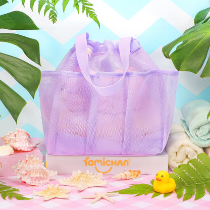 famichan Mesh Shower Caddy Portable with Drawstring, Dorm Room Essentials for College Students Girl & Boy, Larger Shower Bag for Camping,Swimming,Gym,Travel,Bathroom - Purple