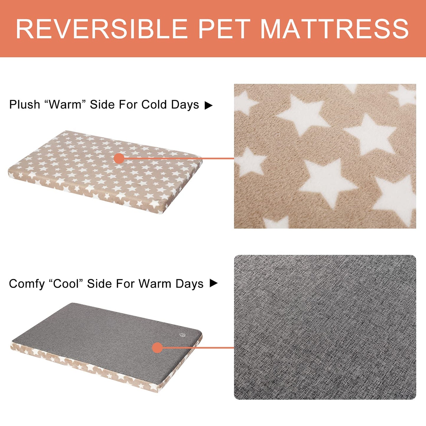 EMPSIGN Supportive Dog Bed (122x76x7.6cm), Dog Crate Mat Reversible (Cool & Warm), Removable Washable Cover, Waterproof Liner & High Density Foam, Pet Bed Mattress for Small to XX-Large Dogs, Beige, Star